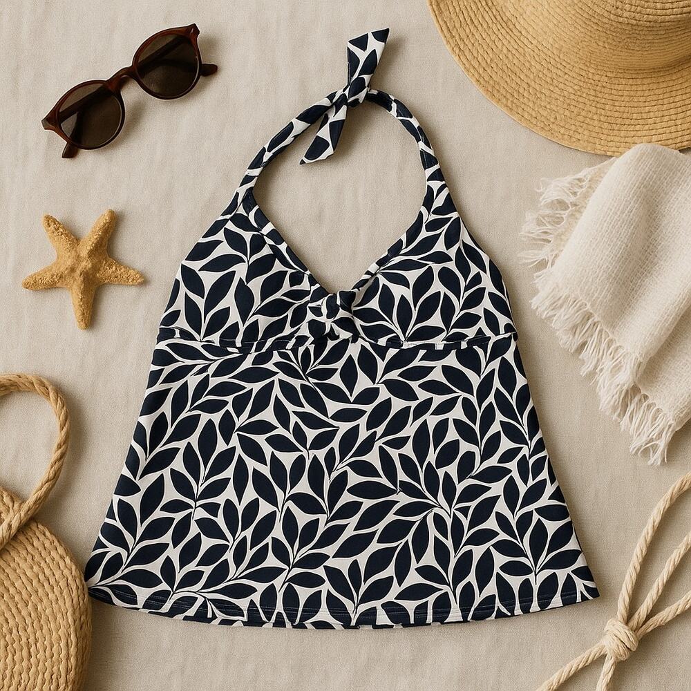 Lands End Swim Tankini Top Brown Print Halter V Neck Swimwear Womens 6 Long 6L